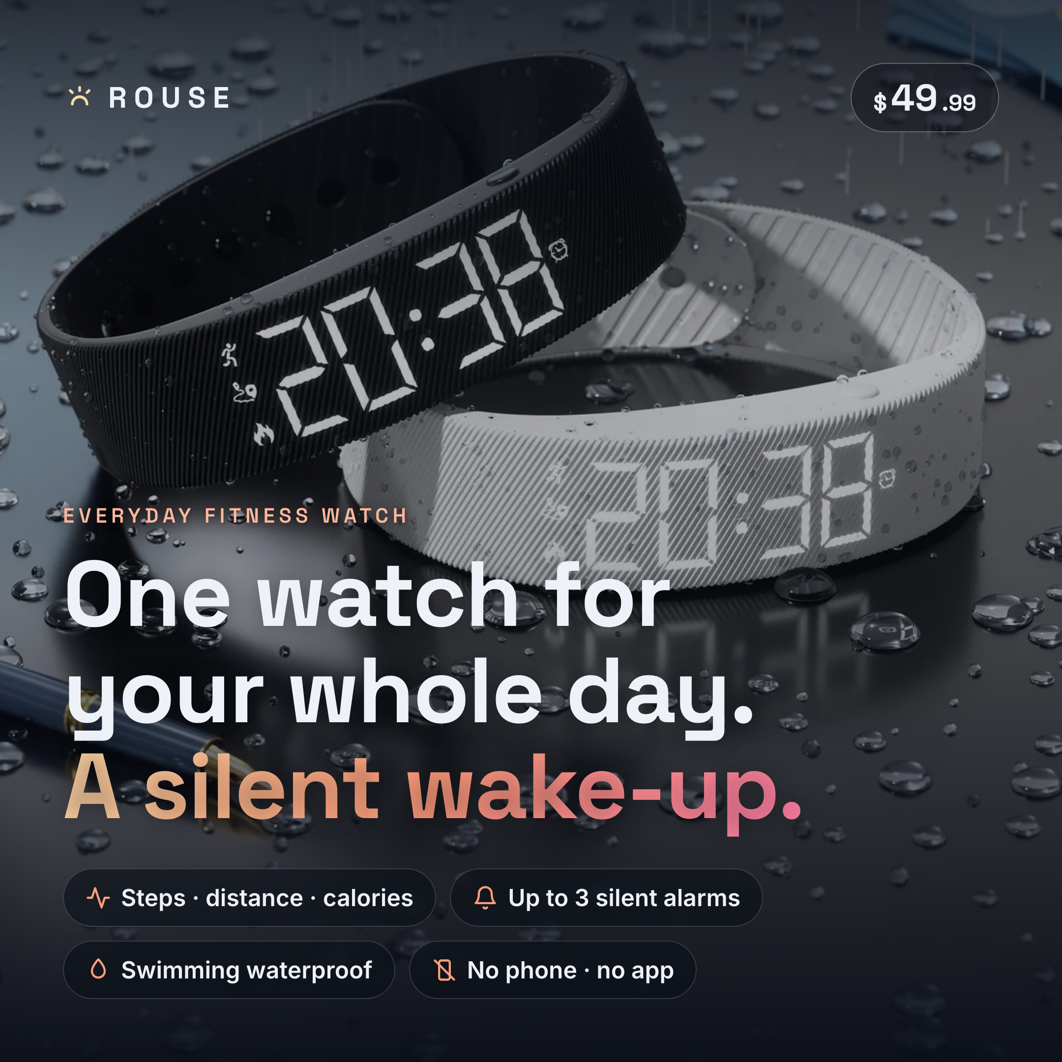 ROUSE everyday fitness watch with a silent wake-up, $49.99