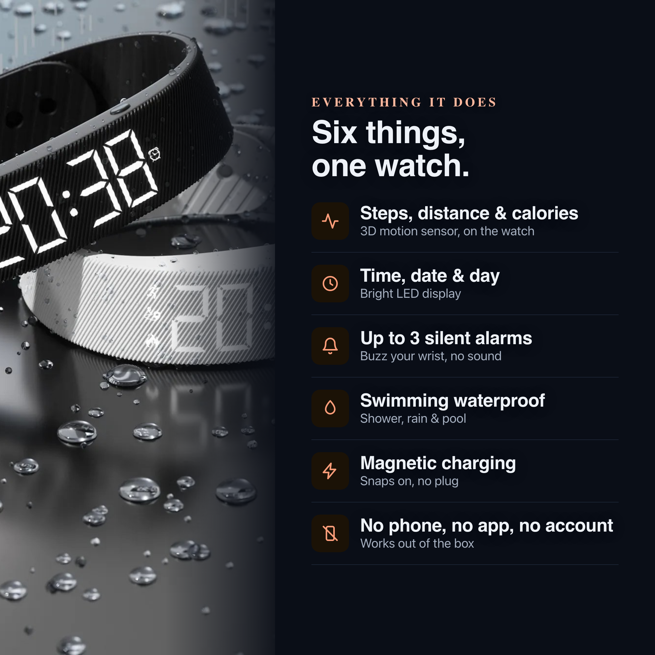 Everything ROUSE does: steps, distance, calories, time, date, day, up to 3 silent alarms, swimming waterproof, magnetic charging, no app