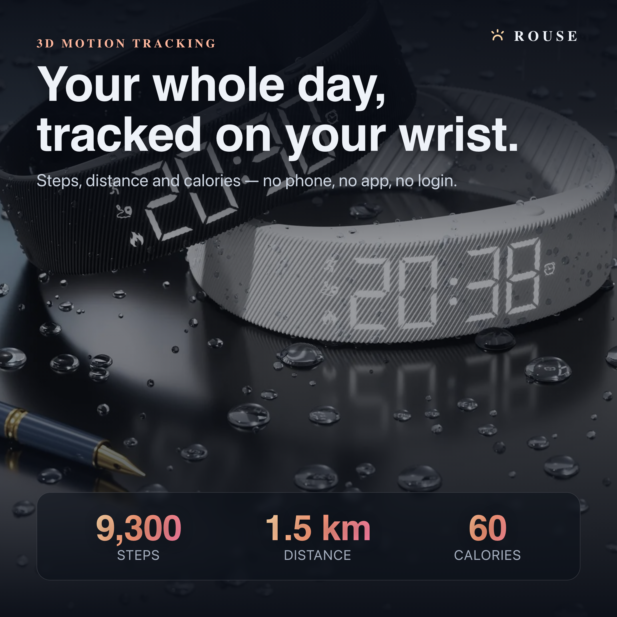 ROUSE tracks steps, distance and calories on your wrist with no phone or app